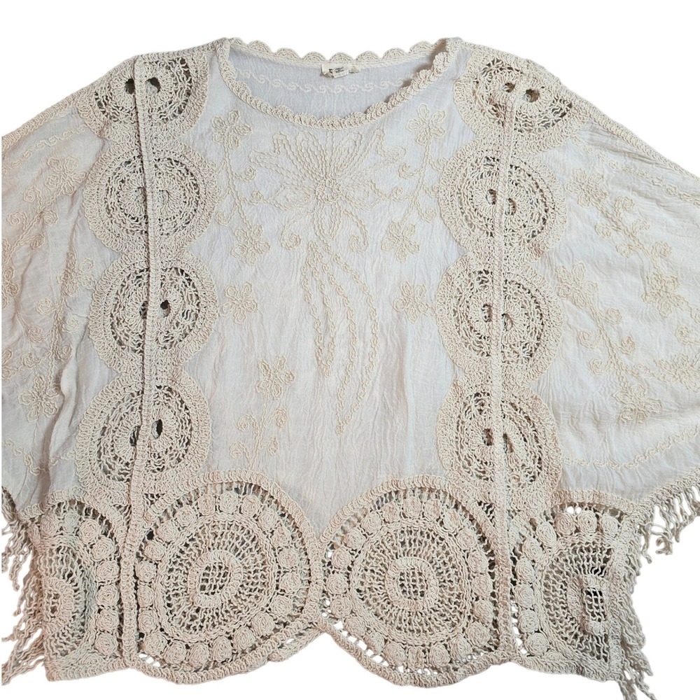 POL Womens Cream Crochet Embroidered Fringe Boho Gauze Top One Size - Picture 4 of 10
